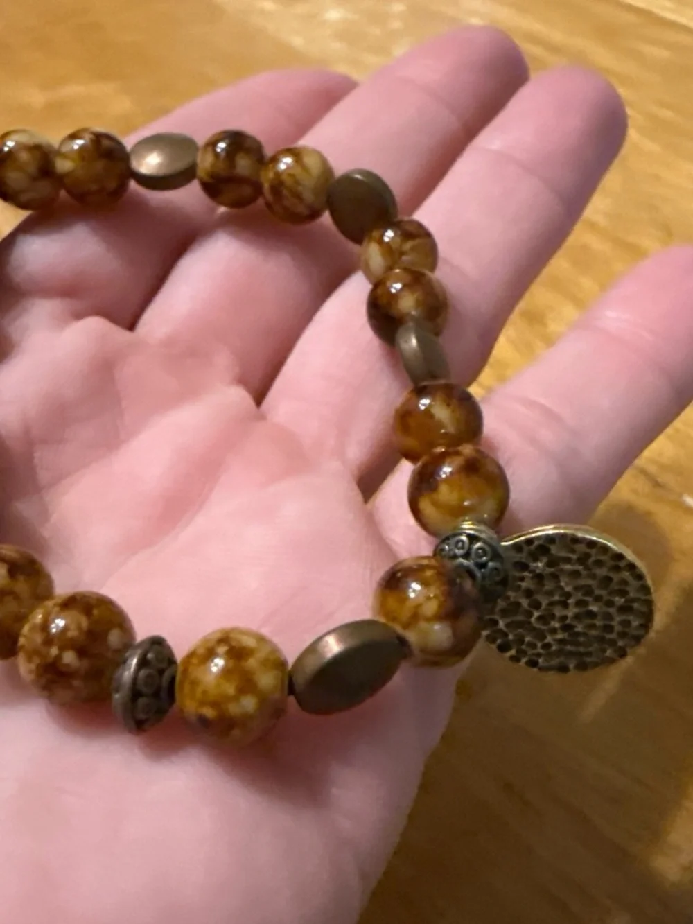 Gold Charm Brown Beaded Stretch Bracelet - Inspirational Message